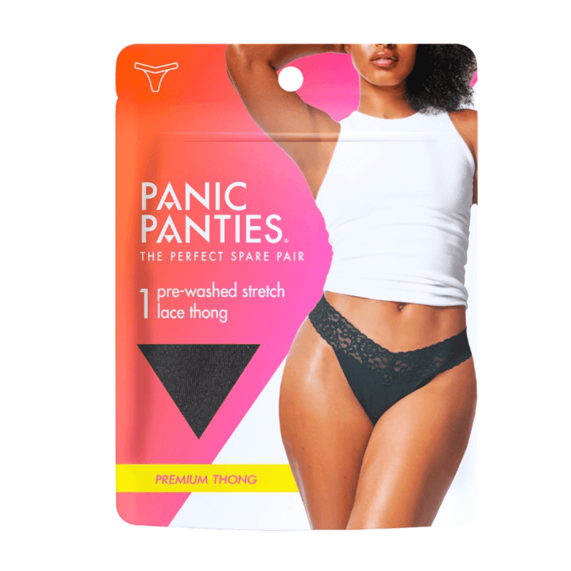 Panic Panties - L/XL pre-washed stretch lace thong truse, svart